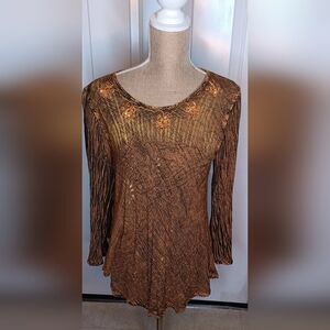 India Boutique Metallic Bronze Long Sleeve Top/Embellished Neckline  M/L